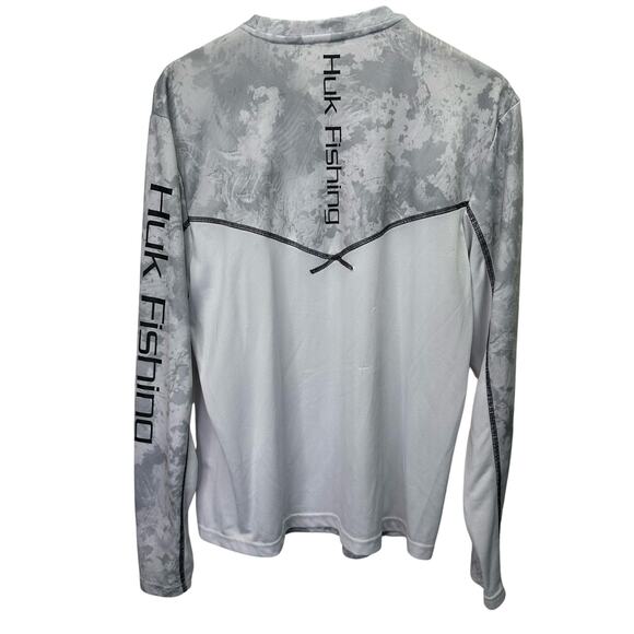 Huk Performace Fabrics Gray and White Camo Long Sleeve Fishing Shirt Mens Small - Picture 2 of 12